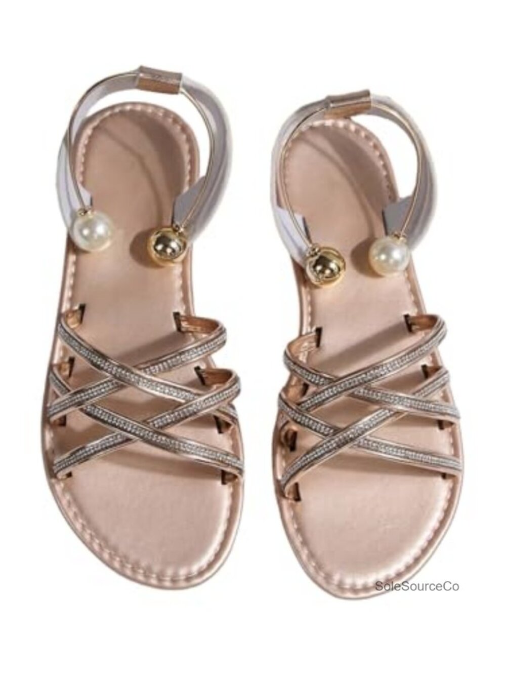 Rhinestone Gold Strappy Sandals Ankle Strap Flat Sandals Open Toe Slip On